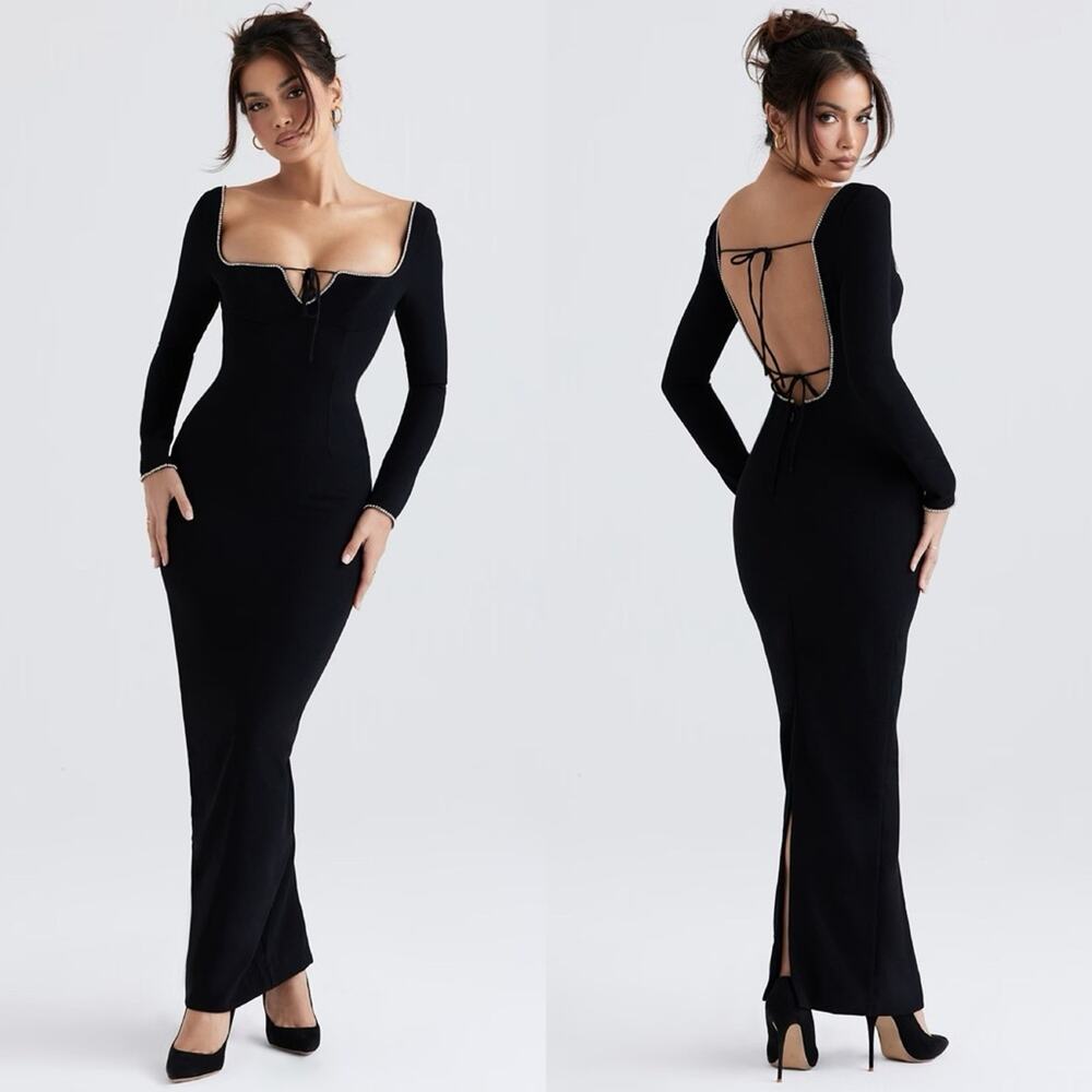 House of CB Rosa Black Crystal Embellished Long Sleeve Maxi Dress Size XS Glam
